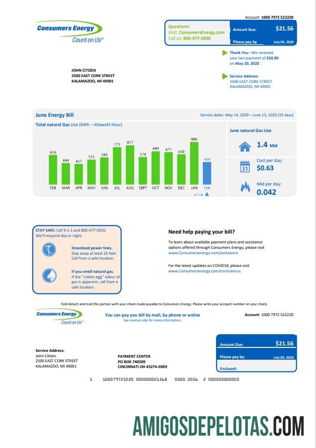 imprimível Modelo de conta de serviços públicos de energia para consumidores dos EUA Michigan em formato Word e PDF